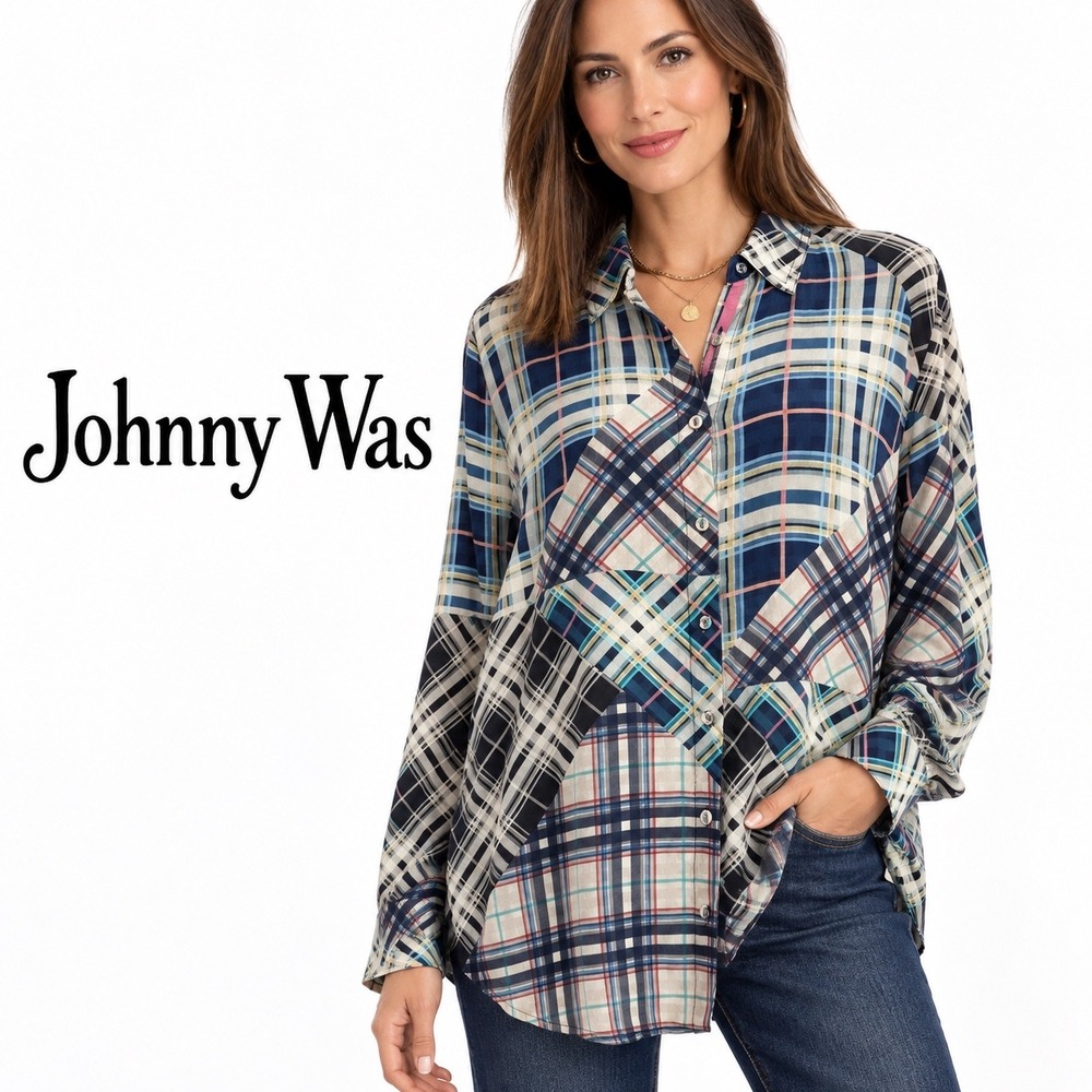 Johnny Was Blue Patchwork Plaid Silk Button Down Shirt W13223-7